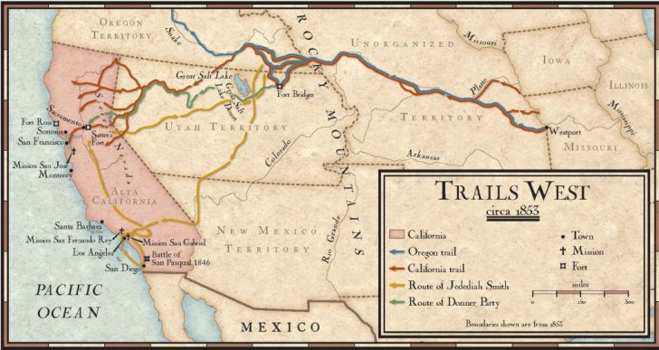 Trails West In The Mid 1800s National Geographic Society California Trail Map 728x387 