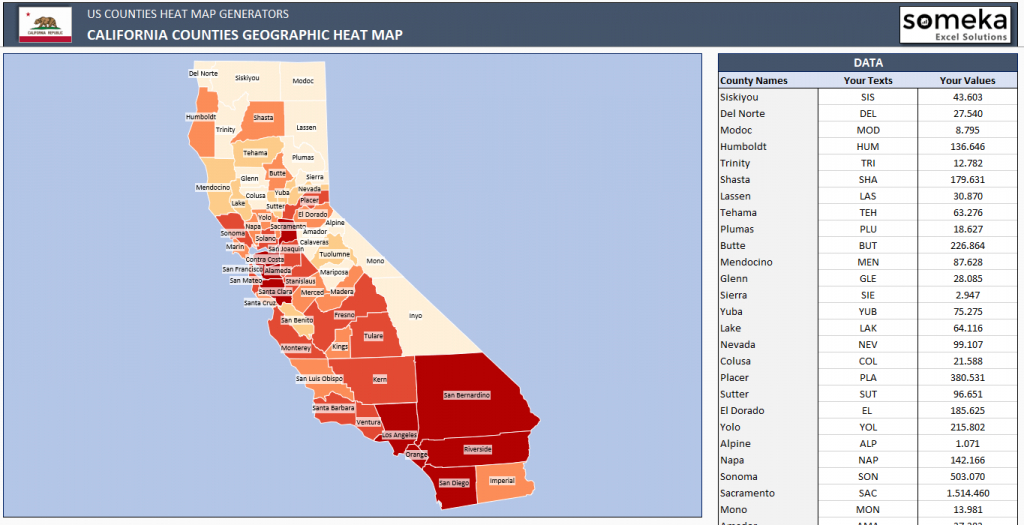 Us Counties Heat Map Generators - Automatic Coloring - Editable Shapes - Free Editable Map Of California Counties