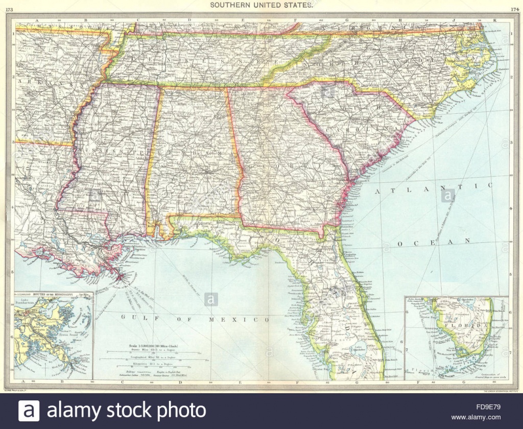 Usa: Southern Us; Maps Of Mouths Mississippi; Florida, 1907 Stock - Mississippi Florida Map