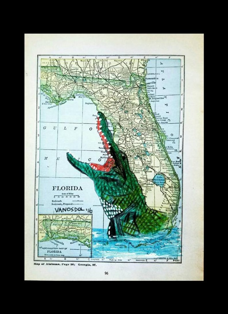 Vintage Florida Map Alligator Wildlife Coastal Gator Art Print | Etsy - Alligators In Florida Map